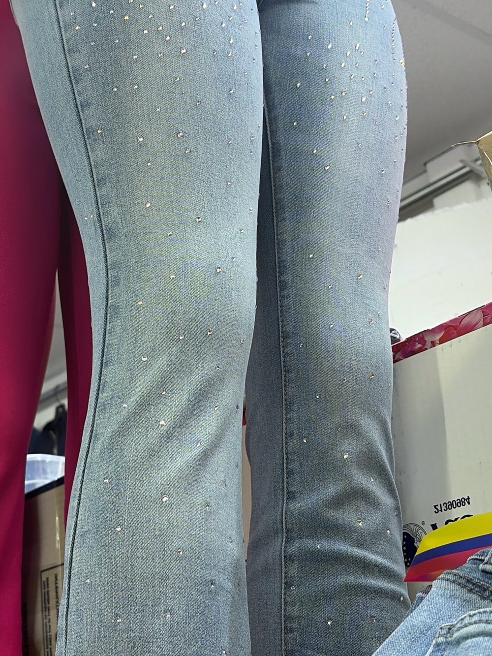 Light Blue Rhinestone Skinny Jeans for Women